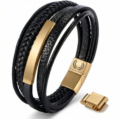 Armband Heren Leer Zwart Goudkleurig – Mauro Vinci® Leren Heren Armband met Magnetische Sluiting – Stainless Steel Armband Heren – Verstelbaar 21 cm tot 22.5 cm – Stoere Mannen Armband – Inclusief Luxe Geschenkverpakking