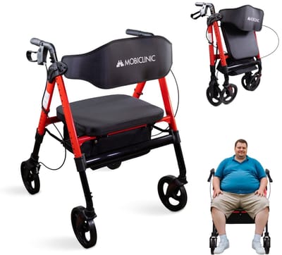 Mobiclinic Madeira - Bariatrische rollator - Tot 204 kg - Rollator XXL - Opvouwbaar - Versterkt aluminium - Remmen - 360º wielen - Mand - Rood