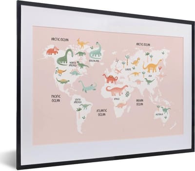 Wereldkaart - Kinderen - Dinosaurus - Schoolplaat - Kinderkamer - 40x30 cm
