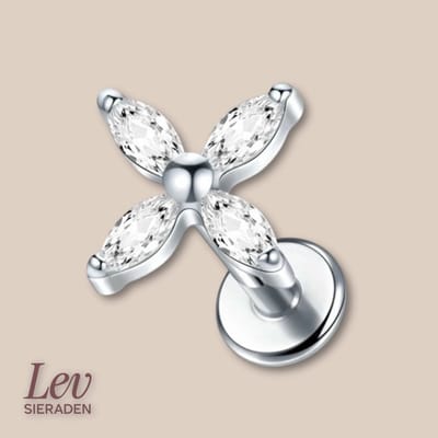 Lev Sieraden - Zilver kleur Titanium Push Pin Labret piercing met steen 4x ovaal steen oor , lip , piercing