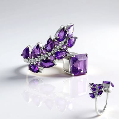 Cavill - 925 Sterling Zilver Ring met 3 325 ct Zambia Amethist Asscher en Peervorm - Geplatineerd - Elegante Damesring
