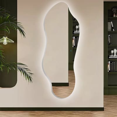 Passpiegel met LED Verlichting en Verwarming 56x150cm - Afimona Verda - Randloos - Wandspiegel voor Badkamer en Woonkamer - Organische Vorm - Touch Bediening - Dimbaar - Aanpasbare Lichtkleur
