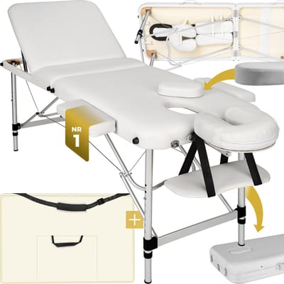 tectake® 3 Zones Massagetafel met 5 cm Dikke Vulling en Aluminium Frame - 61 cm - behandeltafel - behandelbank - incl. opbergtas - opvouwbaar - Wit