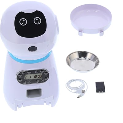 Distributeur de nourriture automatique pour animaux de compagnie en forme de robot Chat Chien Minuterie Distributeur de nourriture avec bol white