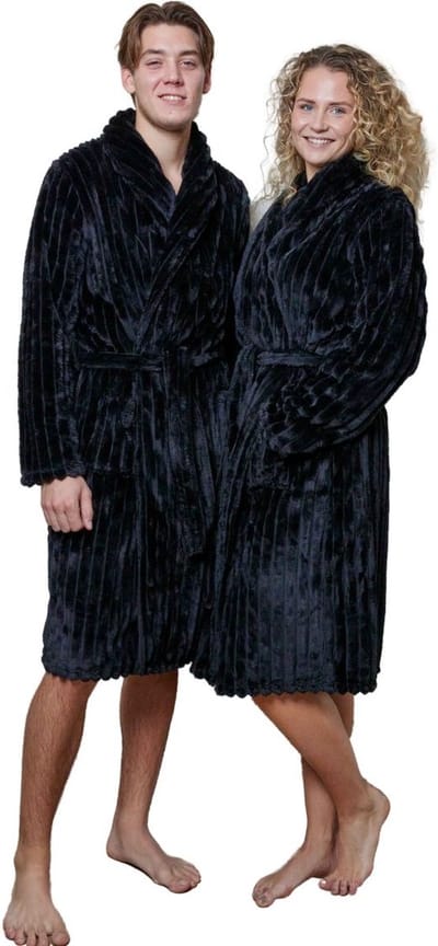 Badjas rib - badjas geribbelde teddy stof – Badjas Dames – Badjas Heren – Sjaalkraag – fleece - fluweelzacht – extreme luxe - Zwart - S/M