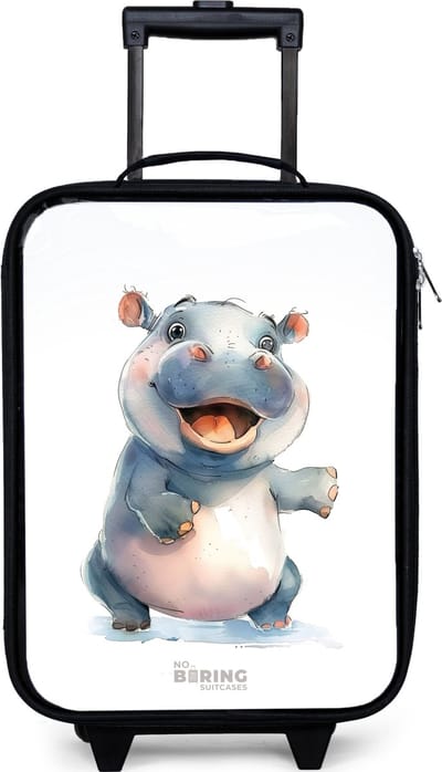 NoBoringSuitcases.com® - Kinderkoffer jongen - Kindertrolley meisje - Baby nijlpaard - Koffer kind lichtgewicht - Reiskoffer trolley voor kinderen - Koffertje met lichtgevende wieltjes - Rolkoffer zwart