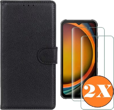 Hoesje geschikt voor Samsung Galaxy Xcover 7 hoesje Zwart pasjeshouder telefoon hoes - Met screenprotector tempered glass voor Galaxy Xcover 7 - 2x