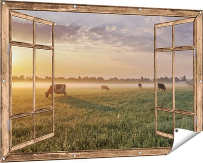 Gards Tuinposter Doorkijk Koeien in de Wei tijdens Zonsopkomst - 150x100 cm - Tuindoek - Tuindecoratie - Wanddecoratie buiten - Tuinschilderij