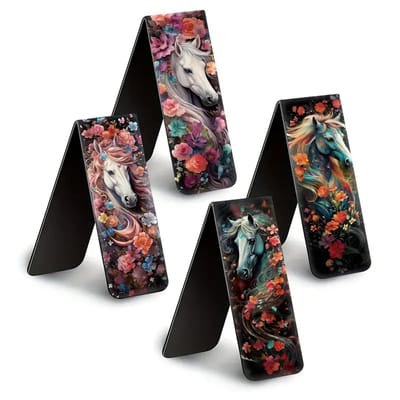 Viwado® | Set van 4 Magnetische Bladwijzers / Boekenlegger - Romantisch Paard & Bloem - Waterdicht & Duurzaam
