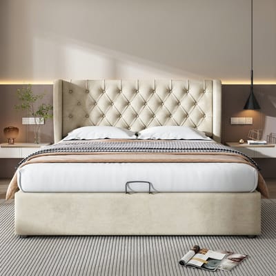 VVBV Gestoffeerd Bed met Opbergruimte 140x200 cm - Hydraulische Opbergruimte, Lattenbodem - Metaal/Fluweel Beige
