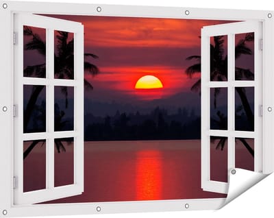 Gards Tuinposter Doorkijk Zonsondergang op het Strand met Palmbomen - 120x80 cm - Tuindoek - Tuindecoratie - Wanddecoratie buiten - Tuinschilderij