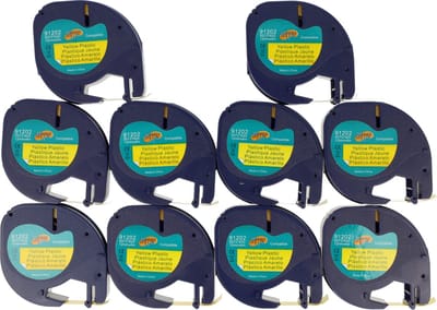 Dappaz - 10 stuks Dymo Compatible 91202 Plastic Label tape - Zwart op Geel - Geschikt voor Dymo LetraTag Labelprinter - 12 mm x 4 m – S0721620