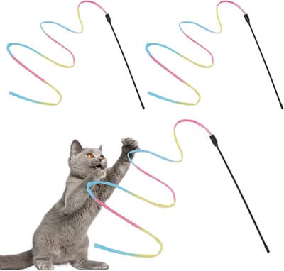 Kat Toverstaf Speelgoed - 3 Stuks Regenboog Lint voor Kittens Training, Interactieve Vanger, Stok Speelgoed voor Kitten