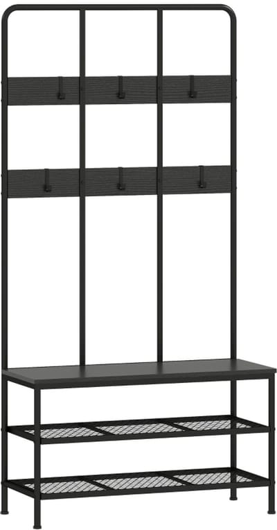 Kledingkast - 105x35x175 cm - 3-in-1 Garderobestandaard Met Haken, Zitbank & Schoenrek - Multifunctioneel - Spanplaat/Metaal - Zwart