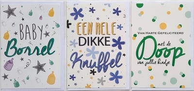 3 Wenskaarten – Gefeliciteerd met de Doop – Baby Borrel – Dikke Knuffel - 12 x 17 cm - DOO-303
