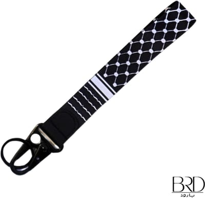 BRD® For Palestine | Zwarte Sleutelhanger | Witte Palestijnse Keffiyeh patroon van satijnen stof