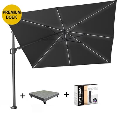 Challenger T2 glow premium parasol 300x300 cm antraciet faded black met 90KG voet en hoes
