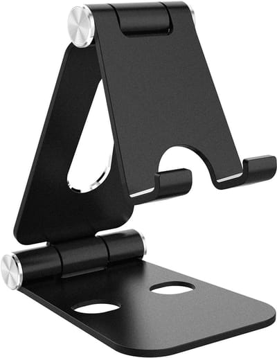 Famanu Mobiele telefoonhouder, opvouwbare mobiele telefoonstandaard, aluminium telefoonstandaard voor bureau, verstelbaar, compatibel met smartphone,, smartphone smartphone, houder voor mobiele telefoons, zwart