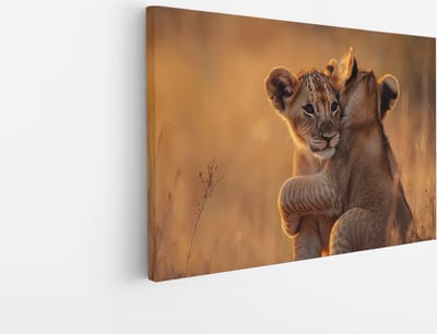 Saammp Canvas Schilderij - Leeuwenwelpen - Dieren - Natuur - 45x30 - Foto op canvas - Wanddecoratie - Muurdecoratie Woonkamer - Slaapkamer decoratie - Canvas Print