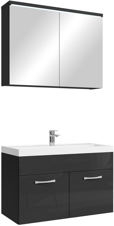 Badplaats Badkamermeubel Set Paso 02 80 x 40 cm – Zwart Hoogglans – Badmeubel met Wastafel en Spiegelkast