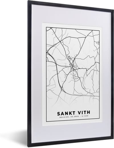 Fotolijst incl. Poster Zwart Wit- Zwart Wit – België – Plattegrond – Stadskaart – Kaart – Sankt Vith - 40x60 cm - Posterlijst