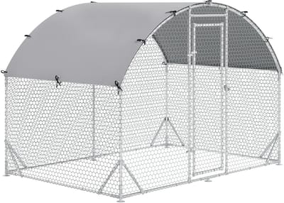 Merax Kippenren Buiten 280x190x197 cm – Hondenren of Kippenhok met UV-bestendige Overkapping – Groot Buitenhok Voor 4-6 Kippen of Kleindieren – Verzinkt Staal – Zilver