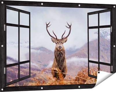 Gards Tuinposter Doorkijk Hert in de Bergen - 120x80 cm - Tuindoek - Tuindecoratie - Wanddecoratie buiten - Tuinschilderij