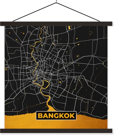 Posterhanger incl. Poster 60x60 cm - Schoolplaat - Kaart - Bangkok - Goud - Plattegrond - Stadskaart - Textielposter - Zwarte latten - Stadskaart