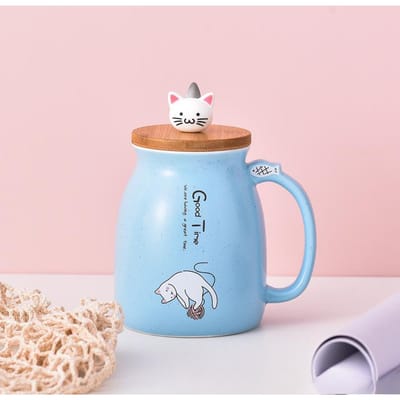Leuke Cartoon Kat Keramische Mok met Deksel Lepel Grote Capaciteit Huishoudelijke Koffiekop Melkkop 401-500ml
