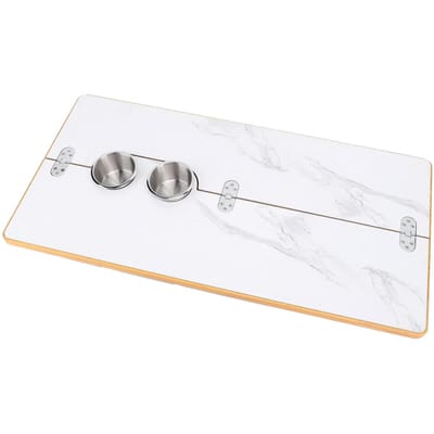 Klapbaar Houten Tafelblad 15,75x31,5 inch Symmetrisch Opvouwbaar Bureaublad met Marmerpatroon en Roestvrijstalen Bekerhouders white
