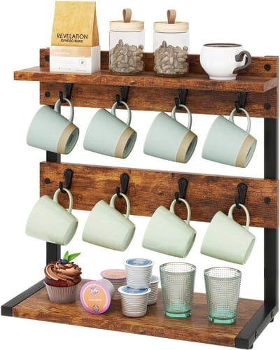 HEZIVO® Mokkenrek - Kopjesrek - Mokken Houder - Rek voor Kopjes - 2 Lagen - Hout - Bruin