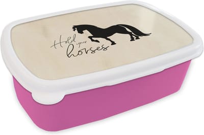 Broodtrommel Roze - Lunchbox - Brooddoos - Quotes - Hold your horses - Paarden - Spreuken - 18x12x6 cm - Kinderen - Meisje