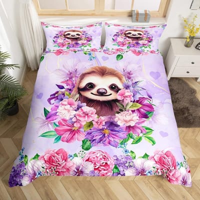 Schattige Luiaard Dekbedovertrek Waterverf Bloemen Beddengoed Set Lief Jungle Dier Dekbedovertrek Twin King Kawaii Luiaard Bedsprei Overtrek 220*240cm 3pcs