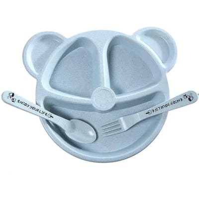 3 stuks/set babyvoeding servies cartoon beer kom + lepel + vork eetservies voor kinderen gerechten kinder eetbord blauw