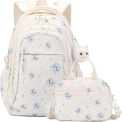 Nieuw Kattenpatroon Middelbare School Schooltas Meisje Twee Delig Set Basisschool Middelbare School Studenten Rugzak Grote Capaciteit 45*30*20cm / 26*11*18cm