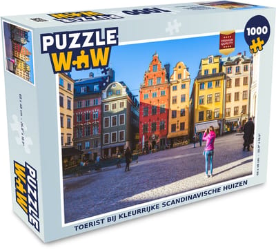 Puzzel Toerist bij Kleurrijke Scandinavische huizen - Legpuzzel - Puzzel 1000 stukjes volwassenen