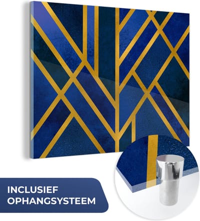 MuchoWow® Glasschilderij 40x30 cm - Schilderij acrylglas - Goud - Blauw - Patroon - Luxe - Foto op glas - Schilderijen
