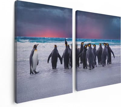 Artaza Canvas Schilderij Tweeluik Groep Pinguïns bij het Water - Kudde - 120x80 - Foto Op Canvas - Canvas Print