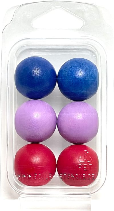 Boulemaus - Jeu de Boules - FM-7 - 6 Buts - kleuren: 2 x marijnblauw - 2 x lichtpaars - 2 x frambozenrood - 30mm