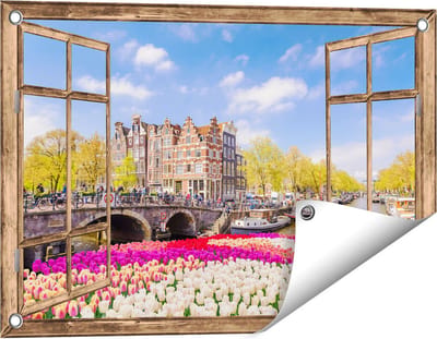 Gards Tuinposter Doorkijk Amsterdamse Huisjes aan de Grachten - 60x40 cm - Tuindoek - Tuindecoratie - Wanddecoratie buiten - Tuinschilderij