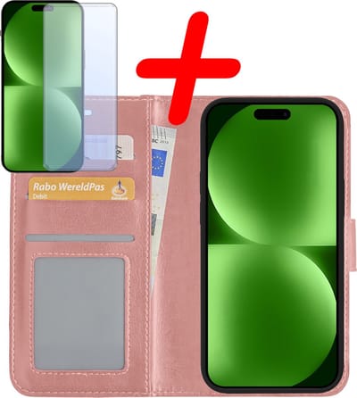 Hoesje Met Screenprotector - Geschikt voor Apple iPhone 15 - Luxe Pasjeshouder - Bookcase Portemonee - Flip Case - Kunstleer Book Case - Flipcase - Book Cover - Walletcase - Portemonneehoes - Rosé goud