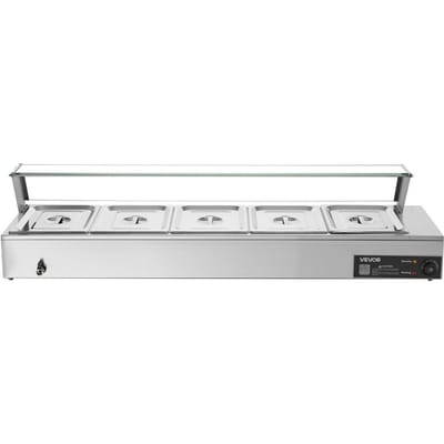 Chauffeur de plats commercial, Chauffeur de plats à vapeur électrique en acier inoxydable de 1500W avec couvercle en verre, Bain-marie de comptoir pour buffet avec cinq bacs alimentaires de taille 1/2,