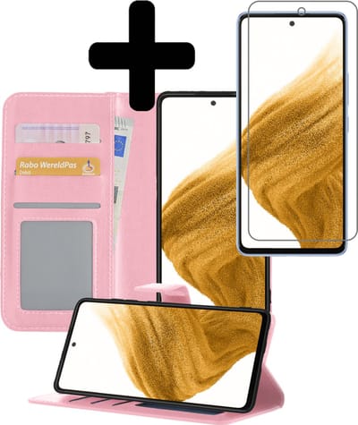 Hoesje - Met Screenprotector - Geschikt voor Samsung Galaxy A53 - Luxe Pasjeshouder - Bookcase Portemonee - Flip Case - Kunstleer Book Case - Flipcase - Book Cover - Walletcase - Portemonneehoes - Telefoonhoesjes - Lichtroze