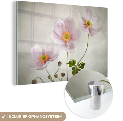 MuchoWow® Glasschilderij 120x80 cm - Schilderij acrylglas - Bloemen - Stilleven - Olieverf - Klaproos - Roze - Foto op glas - Muurdecoratie woonkamer - Wanddecoratie slaapkamer - Schilderijen