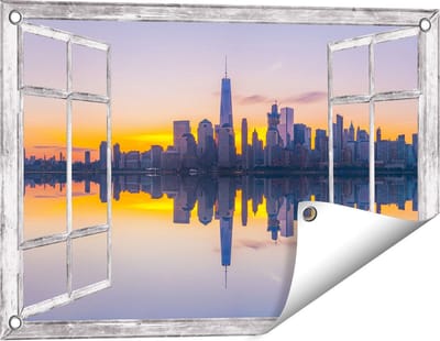 Gards Tuinposter Doorkijk New York Skyline bij Zonsopgang - 60x40 cm - Tuindoek - Tuindecoratie - Wanddecoratie buiten - Tuinschilderij