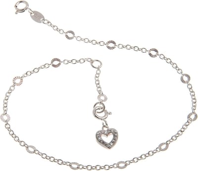 Zilveren enkelbandje met geslepen hart, 2 mm breed, lengte 23-30 cm, 925 sterling zilver