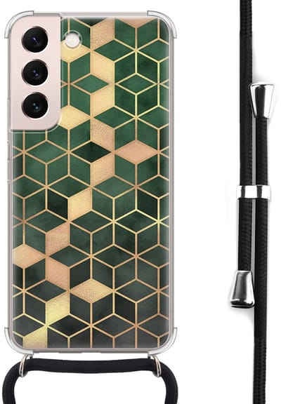 Hoesje met koord - Geschikt voor Samsung Galaxy S22 - Groen kubus - Verstelbaar zwart koord - Crossbody - Print / Illustratie - Transparant, Groen - Leuke Telefoonhoesjes