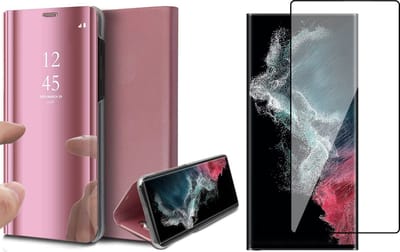 Hoesje geschikt voor Samsung Galaxy S22 Ultra - Book Case Spiegel Wallet Cover Hoes Roségoud - PET Glasfolie Screenprotector