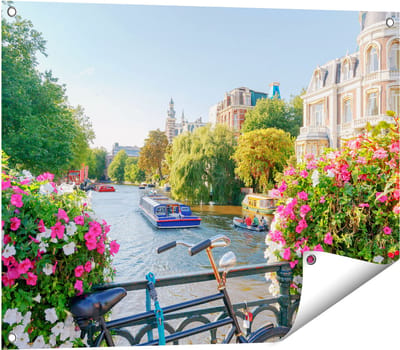 Gards Tuinposter Amsterdamse Kanaal met Bloemen - 80x60 cm - Tuindoek - Tuindecoratie - Wanddecoratie buiten - Tuinschilderij