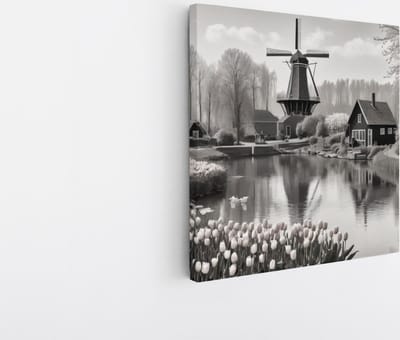 Saammp Canvas Schilderij - Landschap - Molen - Zwart-Wit - Natuur - 20x20 - Foto op canvas - Wanddecoratie - Muurdecoratie Woonkamer - Slaapkamer decoratie - Canvas Print